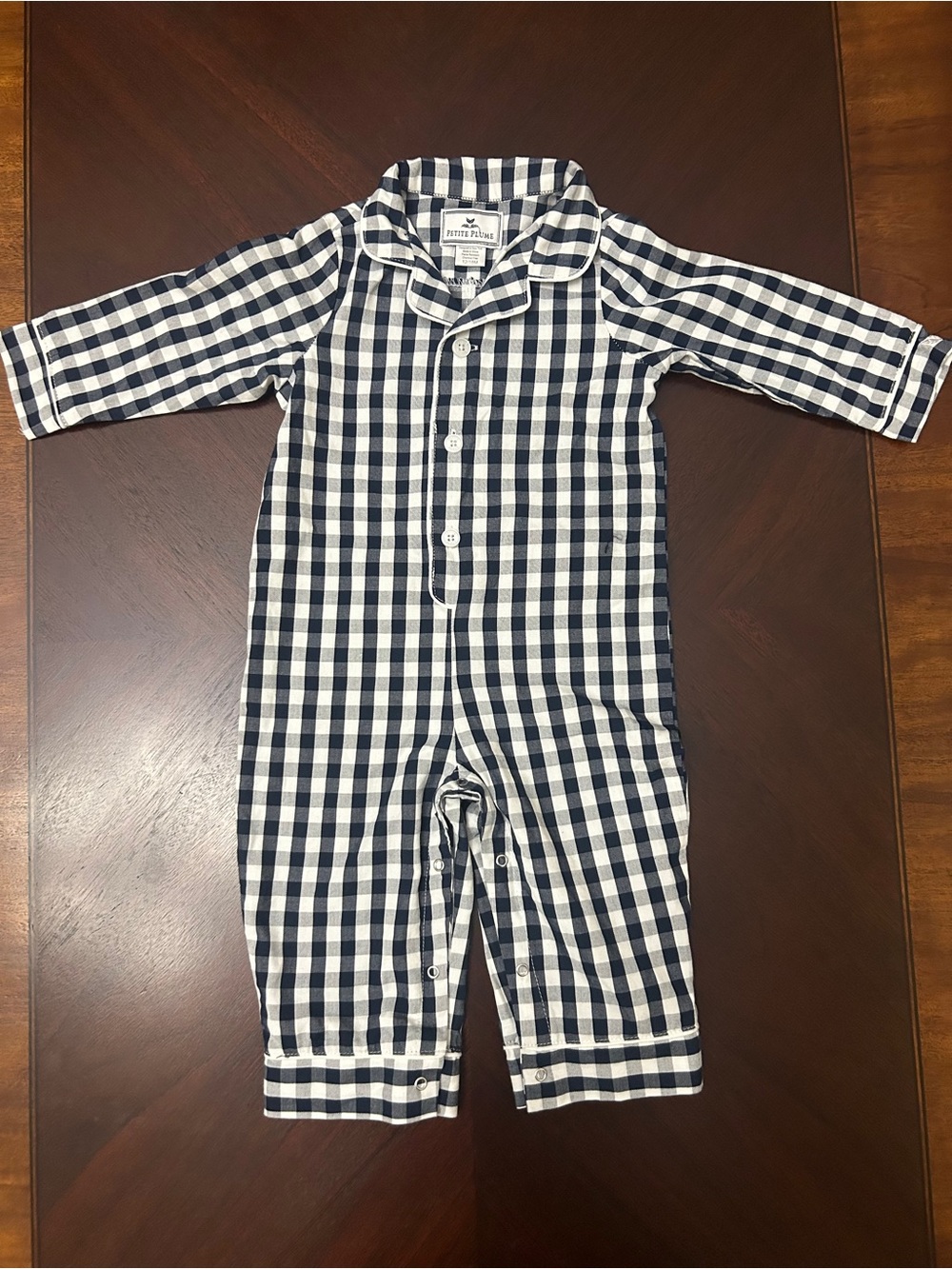 Petite Plume Navy & White Gingham One-Piece Pajama Romper | Size 12-18M